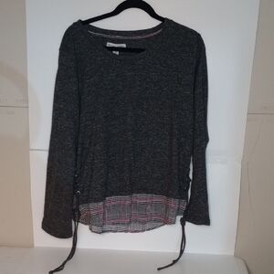 Gray Long Sleeve Top with Plaid Hem